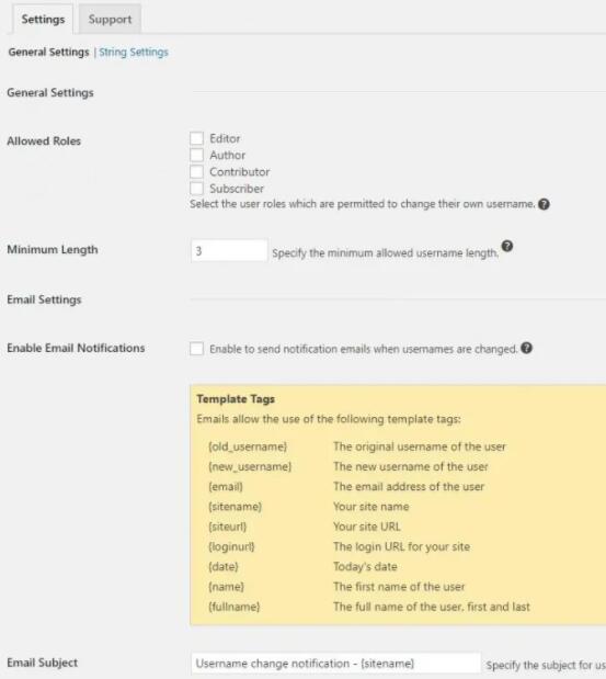 wordpress用户名修改邮件提醒