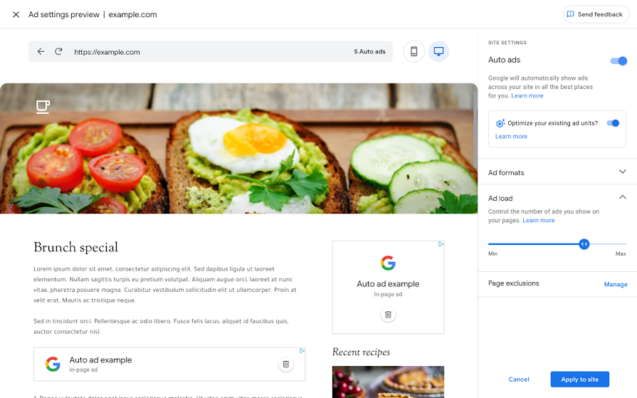 Google Adsense 预览网站上的自动广告设置